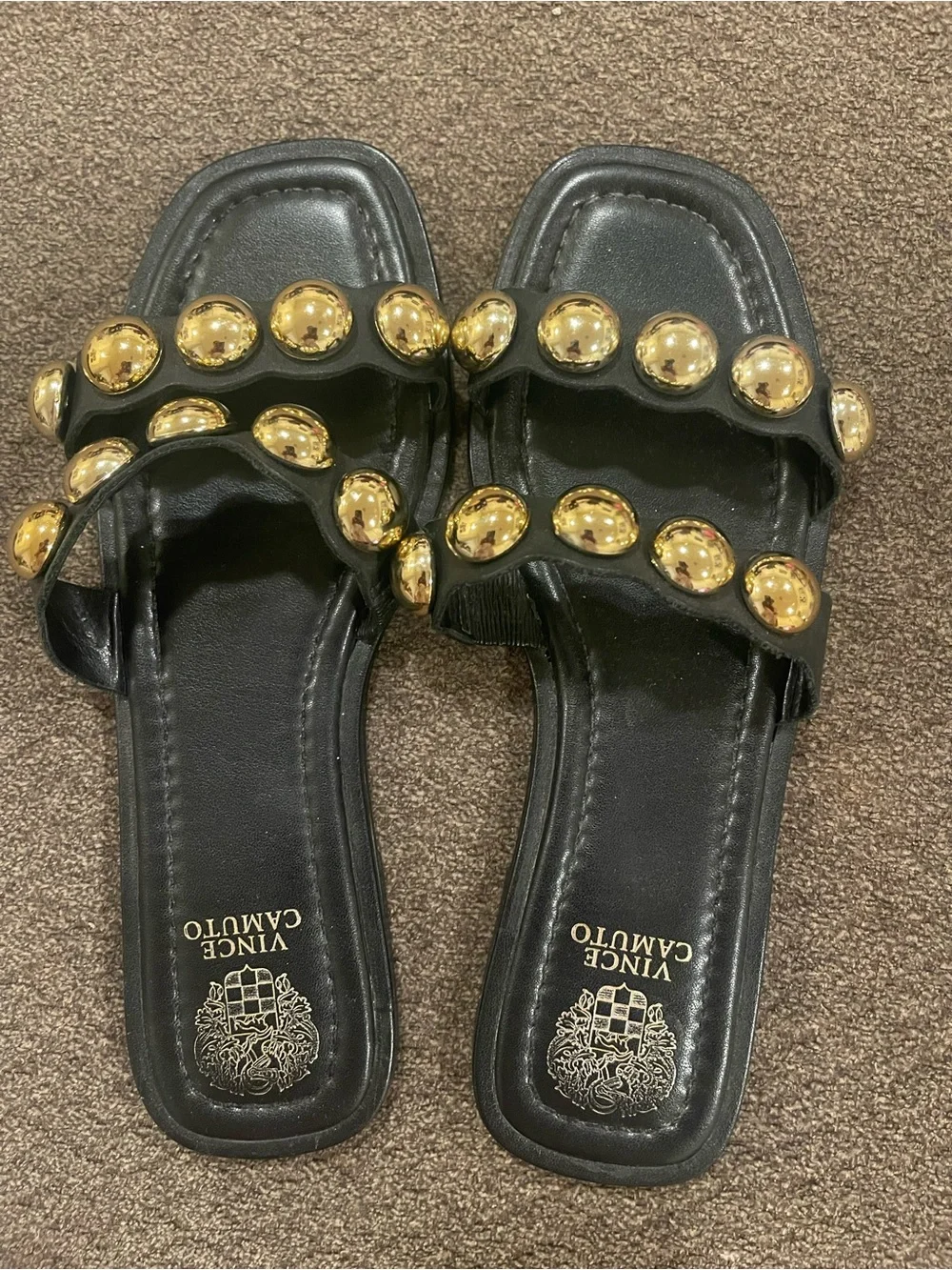 Vince Camuto Black Slide Sandals with Gold Domed Studs